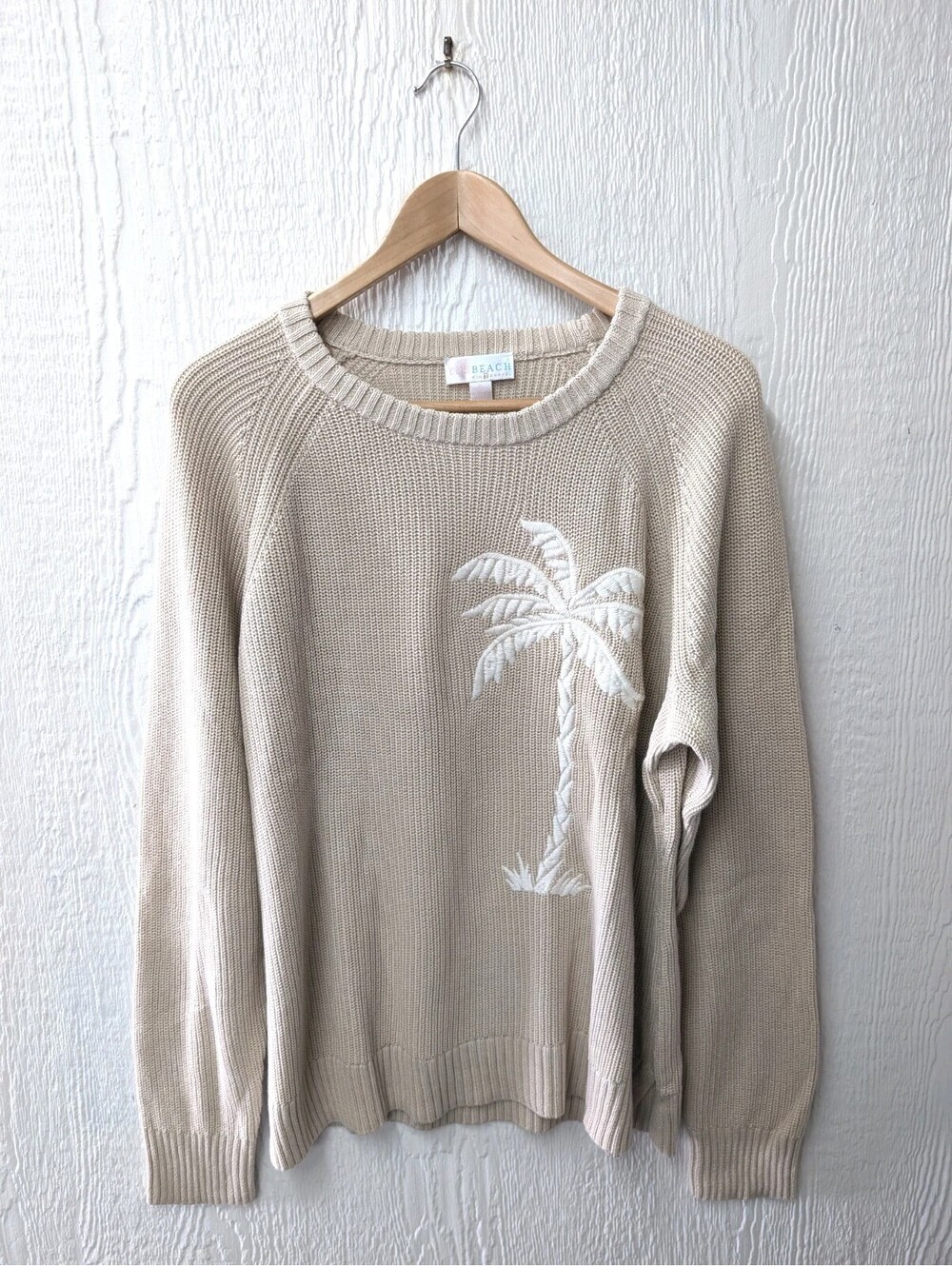 Belle Beach by Kim Gravel Palm Tree Knit Pullover Top Sweater Beige Sandbar XL